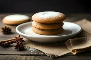 ai generatief, suiker koekje in een bord Bij houten tafel foto