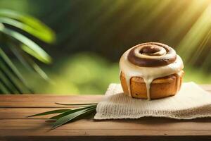 kaneel broodjes in een bord Bij houten tafel, ai generatief foto