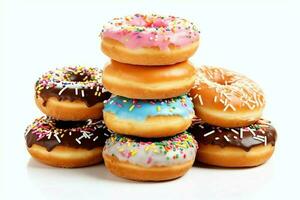 kleurrijk en smakelijk divers donuts met kleurrijk hagelslag suiker. heerlijk toetje donuts achtergrond concept door ai gegenereerd foto