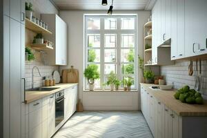 modern keuken interieur ontwerp in appartement of huis met meubilair. luxe keuken huis Scandinavisch concept door ai gegenereerd foto