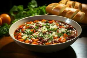 een heerlijk minestrone soep voedsel in een schaal. Italiaans voedsel en gezond eiwit soep maaltijd concept door ai gegenereerd foto