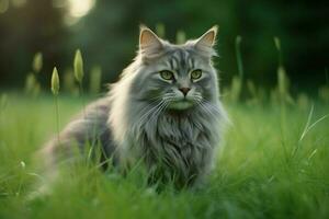 schattig kat kijken naar de kant en zittend in de tuin of gras. kat in natuur leefgebied. kat dag concept door ai gegenereerd foto