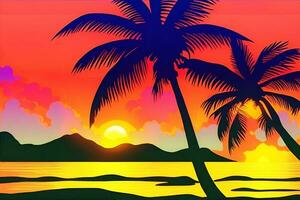 hawaiiaans zonsondergang met palm bomen. laten vallen schaduw. levendig kleuren. foto