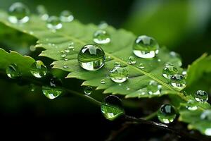 macro schot van groen bladeren met water druppels, dauw of regen laten vallen Aan hen. groen blad natuur Woud concept door ai gegenereerd foto