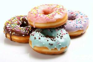 kleurrijk en smakelijk divers donuts met kleurrijk hagelslag suiker. heerlijk toetje donuts achtergrond concept door ai gegenereerd foto
