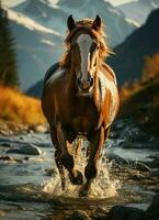 een wild paard rennen in de kreek. wild of boerderij dieren concept door ai gegenereerd foto