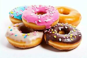 kleurrijk en smakelijk divers donuts met kleurrijk hagelslag suiker. heerlijk toetje donuts achtergrond concept door ai gegenereerd foto