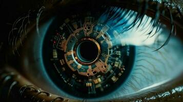 extreem detailopname van een robot oog, elektronisch leerling, chip, generatief ai foto