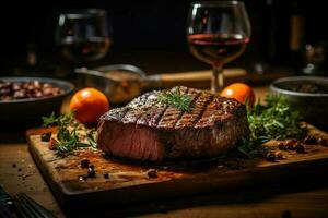 heerlijk gegrild steak met wijn en groente klaar naar eten gegenereerd door ai foto