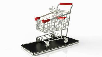 de boodschappen doen trolley Aan mobiel voor e boodschappen doen en boodschappen doen online concept 3d renderen foto