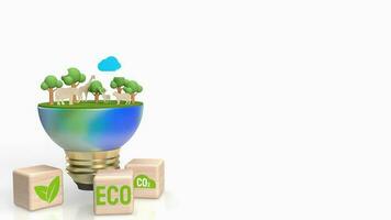 de aarde en eco icoon Aan hout kubus voor ecologie concept 3d renderen foto