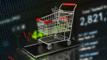 de boodschappen doen trolley Aan mobiel voor e boodschappen doen en boodschappen doen online concept 3d renderen foto