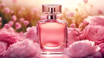 luxueus bloemen geur, geur fles en roze bloemen, parfum reclame in bloem tuin, op maat gemaakt parfumerie en schoonheid Product uitverkoop, generatief ai foto