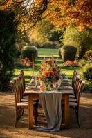 herfst tafel landschap, herfst- avondeten tafel instelling, vakantie tafellandschap voor bruiloft, verjaardag of partij evenement viering, generatief ai foto