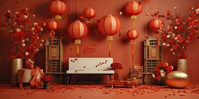 ai gegenereerd. ai generatief. Chinese nieuw jaar winter vakantie festival. traditioneel decoratie achtergrond kom tot rust rood kleuren uitstraling. grafisch kunst foto