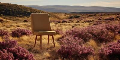 ai gegenereerd. ai generatief. knus houten arm stoel knus Aan de natuur buitenshuis wild veld. vakantie kom tot rust uitstraling. grafisch kunst foto