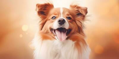 ai gegenereerd. ai generatief. gelukkig citeren glimlach hond frontaal gezicht frontaal portret. dier huisdier voedsel Promotie marketing. grafisch kunst foto