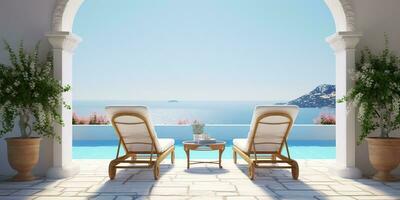 ai gegenereerd. ai generatief. vakantie kom tot rust avontuur uitstraling. twee wit hout stoel Bij zwembad oceaan hotel villa. blauw en wit kleuren. grafisch kunst foto