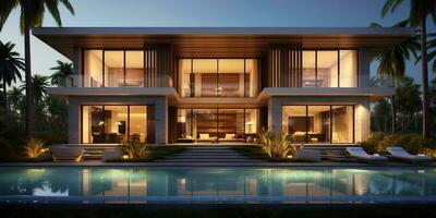 ai gegenereerd. ai generatief. luxe herenhuis huis villa Florida Verenigde Staten van Amerika Miami gebouw met tuin en zwembad. tropisch vakantie uitstraling. grafisch kunst foto