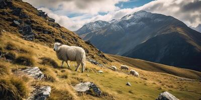 ai gegenereerd. ai generatief. schapen begrazing Aan mooi berg heuvels landschap. vrede kilte buitenshuis natuur uitstraling. grafisch kunst foto