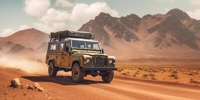 ai gegenereerd. ai generatief. auto jeep voertuig in woestijn zand landschap. weg avontuur reis reizen vakantie. grafisch kunst foto