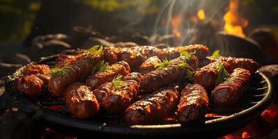 ai gegenereerd. ai generatief. bbq rooster barbecue steak beed varkensvlees worstjes Aan brand voorbereiden vlees voedsel. partij tuin restaurant uitstraling. grafisch kunst foto