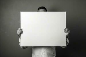 een Mens Holding een blanco whiteboard in voorkant van zijn gezicht foto