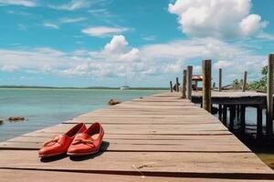 een paar- van rood schoenen links Aan een houten dok in de buurt de water, met uitzicht een rustig meer of oceaan instelling. Daar is een boot zichtbaar in de afstand, toevoegen naar de sereen atmosfeer van de tafereel. foto