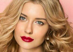 schoonheid, bedenken en gekruld kapsel, mooi blond vrouw met rood matte lippenstift maken omhoog Aan roze net zo bruids bedenken Look, mode en aantrekkingskracht model- gezicht portret voor cosmetica, huidsverzorging en haar- zorg foto