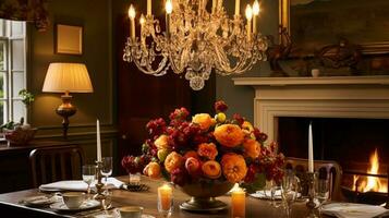 dining kamer decor, interieur ontwerp en herfst vakantie viering, elegant herfst- tafel decoratie met kaarsen en bloemen, huis decor en land huisje stijl foto