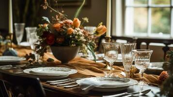 herfst vakantie tafellandschap, formeel avondeten tafel instelling, tafel scape met elegant herfst- bloemen decor voor bruiloft partij en evenement decoratie foto