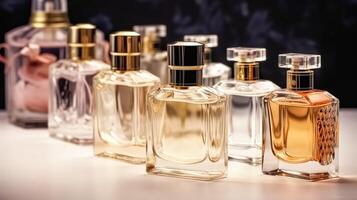 luxe geur flessen Bij parfum geur Bij presentatie evenement, op maat gemaakt parfumerie en schoonheid Product uitverkoop, generatief ai foto