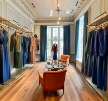 hoog straat kleinhandel, klein bedrijf en reclame interieur, mode op te slaan in de Engels platteland stijl, elegant land kleding winkel toonzaal en luxueus winkel in de oud dorp, generatief ai foto