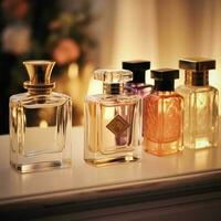 luxe geur flessen Bij parfum geur Bij presentatie evenement, op maat gemaakt parfumerie en schoonheid Product uitverkoop, generatief ai foto