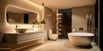 ai gegenereerd. ai generatief. huis kamer badkamer spa toilet binnen- architextuur ontwerp met bad spiegel keramisch en minimaal luxe stijl uitstraling. grafisch kunst foto
