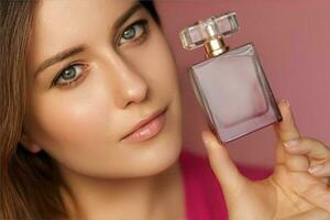 parfum, schoonheid Product en schoonheidsmiddelen model- gezicht portret Aan roze achtergrond, mooi vrouw Holding geur fles met bloemen vrouwelijk geur, mode en bedenken foto