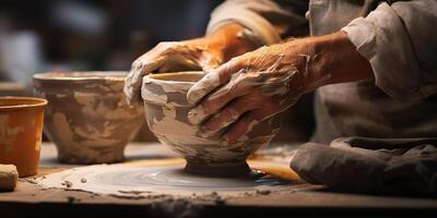 ai gegenereerd. ai generatief. pottenbakkerij keramiek studio hand- gemaakt ambachten. beeldhouwen kunst werkwijze creatie kunst decoratie uitstraling. grafisch kunst foto