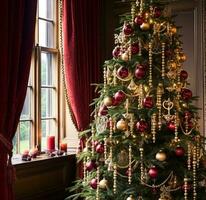 versierd Kerstmis boom met klassiek ornamenten en decoraties, Engels land huis en huisje stijl, vrolijk Kerstmis en gelukkig vakantie wensen, generatief ai foto