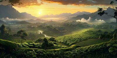 ai gegenereerd. ai generatief. buitenshuis natuur thee plantage landschap achtergrond. groen Azië wild veld- vakantie avontuur berg uitstraling. grafisch kunst foto