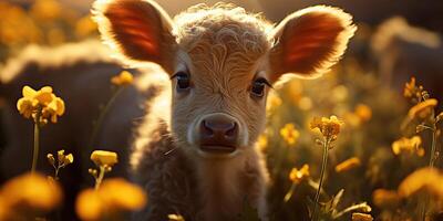 ai gegenereerd. ai generatief. mooi jong klein deel kalf Aan zonnebloem veld- Bij zonsondergang. natuur landschap boerderij koe dier uitstraling. grafisch kunst foto