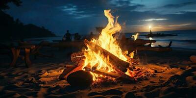 ai gegenereerd. ai generatief. zonsondergang avond nacht vreugdevuur kampvuur brand hout Bij zee oceaan kust strand zand. avontuur vakantie reis camping uitstraling. grafisch kunst foto