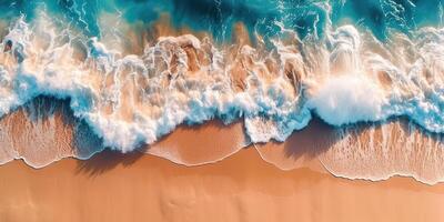 ai gegenereerd. ai generatief. top antenne dar lucht bovenstaand visie van oceaan zee golven strand. eiland vakantie avontuur surfing tropisch uitstraling. grafisch kunst foto