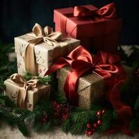 klassiek Kerstmis presenteert en vakantie geschenken, verpakt geschenk dozen onder Kerstmis boom, boksen dag en vakantie winkelen, generatief ai foto