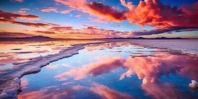 ai gegenereerd. ai generatief. Bolivia zout meer. roze wolken reflecteren Aan water meer oppervlak. avontuur reizen vakantie buitenshuis natuur uitstraling. grafisch kunst foto