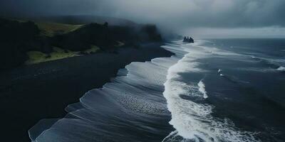 ai gegenereerd. ai generatief. IJsland antenne lucht dar visie. kosten strand oceaan Golf lijn. zwart zand landschap. avontuur natuur reizen uitstraling. grafisch kunst foto