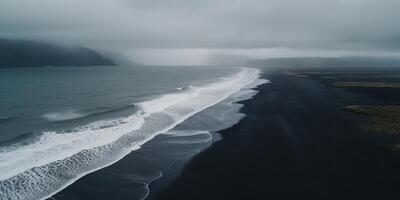 ai gegenereerd. ai generatief. IJsland antenne lucht dar visie. kosten strand oceaan Golf lijn. zwart zand landschap. avontuur natuur reizen uitstraling. grafisch kunst foto