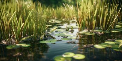 ai gegenereerd. ai generatief. foto illustratie van vijver zegge Bij meer zee rivier- water. fabriek flora bloesem. grafisch kunst