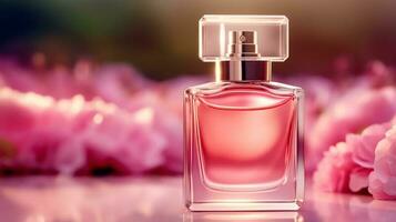 luxueus bloemen geur, geur fles en roze bloemen, parfum reclame in bloem tuin, op maat gemaakt parfumerie en schoonheid Product uitverkoop, generatief ai foto
