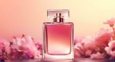 luxueus bloemen geur, geur fles en roze bloemen, parfum reclame in bloem tuin, op maat gemaakt parfumerie en schoonheid Product uitverkoop, generatief ai foto