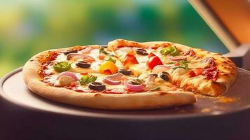 pizza capricciosa eigengemaakt buitenshuis in de tuin, online levering van pizzeria, nemen weg en Italiaans snel voedsel, generatief ai foto